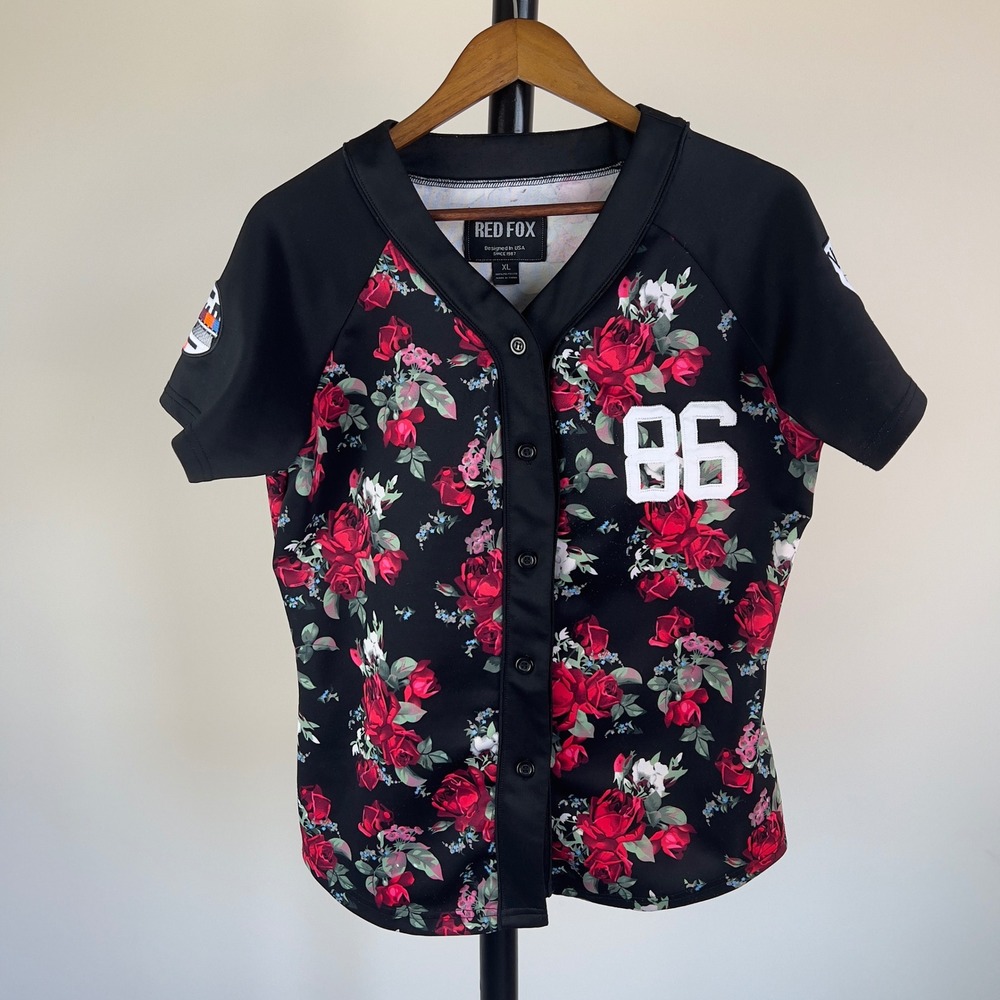 Red Fox Floral Baseball Jersey XL Black Red Rose Print 86 Patch Button Down Top